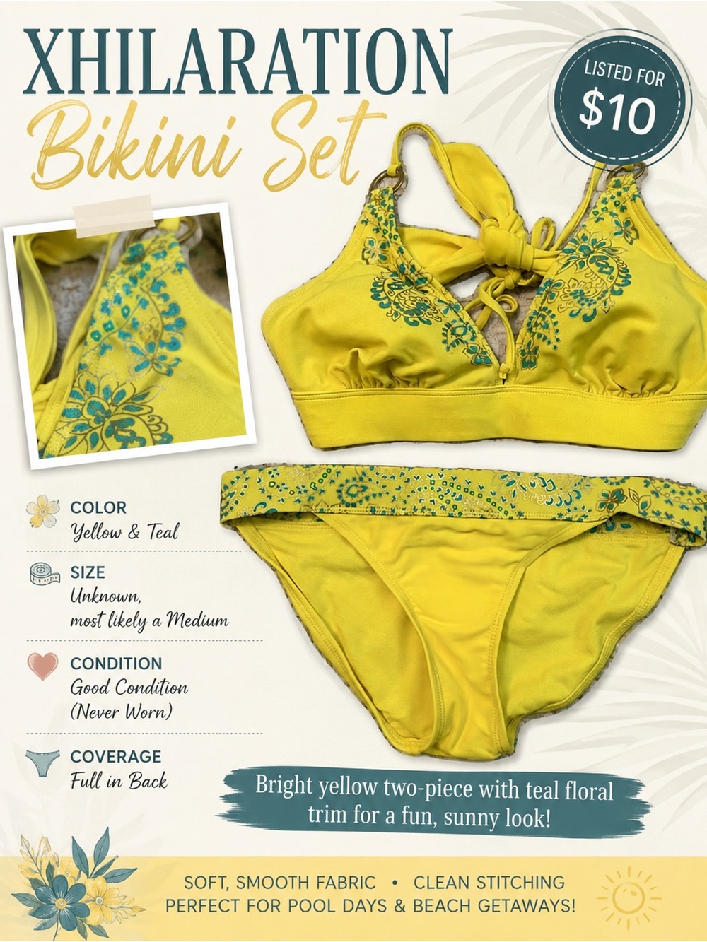 Xhilaration Yellow Bikini Set with Teal Floral Trim